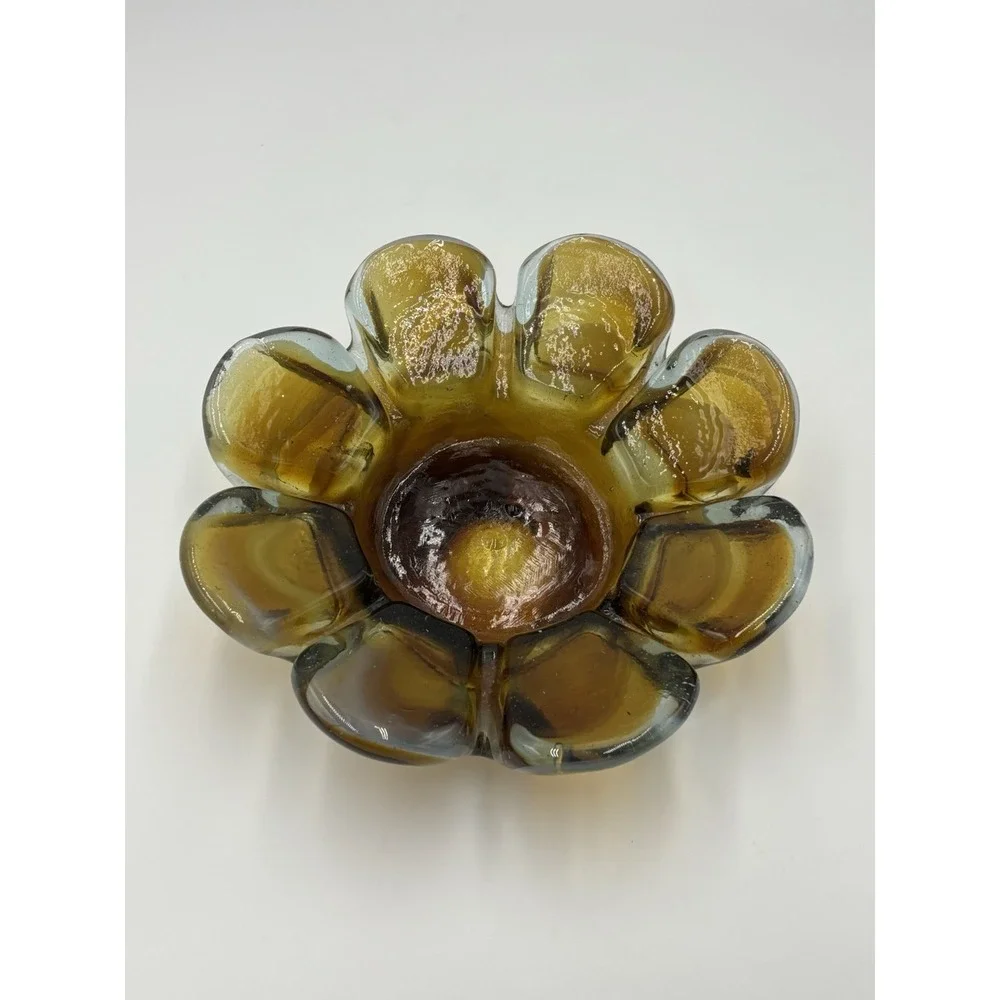 Vintage Art Glass Ashtray Bowl Dish Floral Flower Petal MCM ‎ Whitish Brown